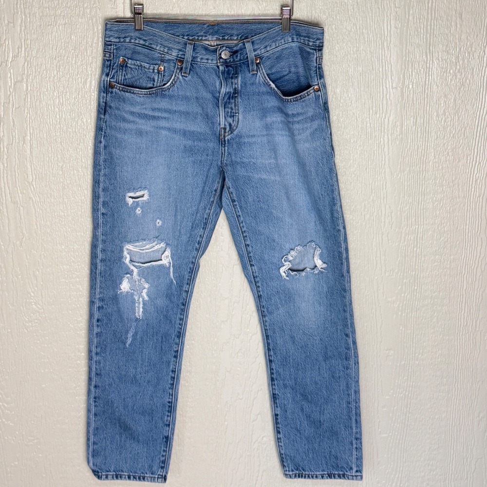 Levis 501 Tapered Mens 30x28 Distressed Blue Denim Jeans Button Fly 501 T